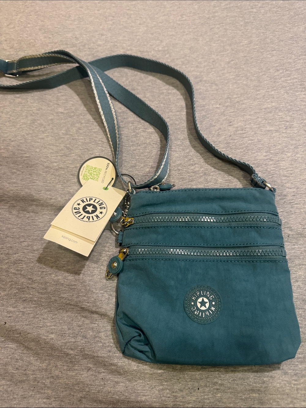 Kipling Alvar Xs Ocean Teal Crossbody Bag with Triple Zip Includes Monkey Charm